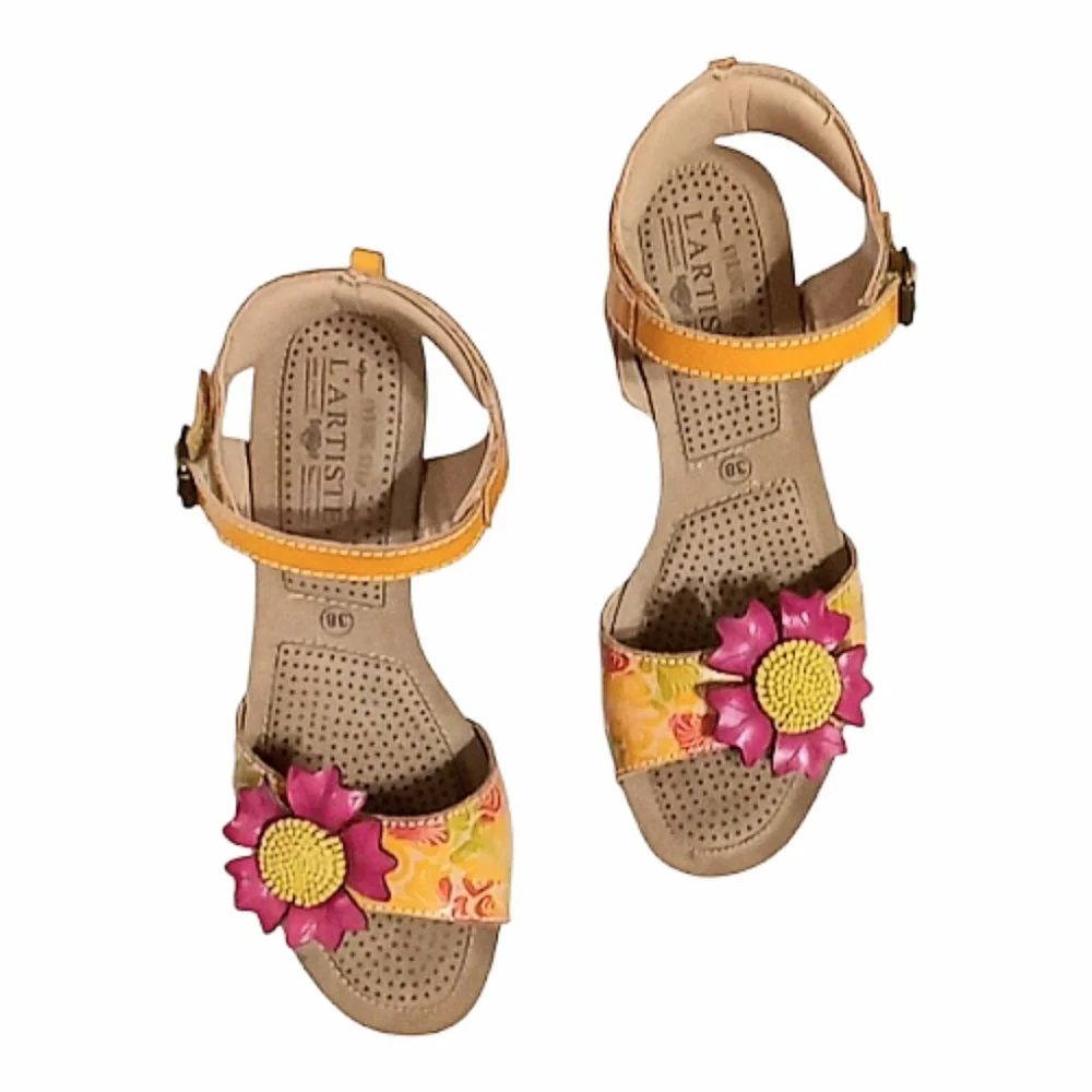 L'artiste Annmarie Hand Painted Leather Sandals Jute Trim Wedge Platforms Sz 8